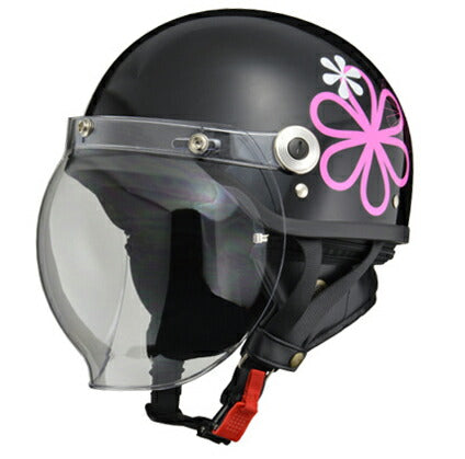 CROSS CR-760 ブラック/フラワー ハーフヘルメット 開閉式バブルシールド装備 脱着式イヤーカバー ワンタッチバックル装備